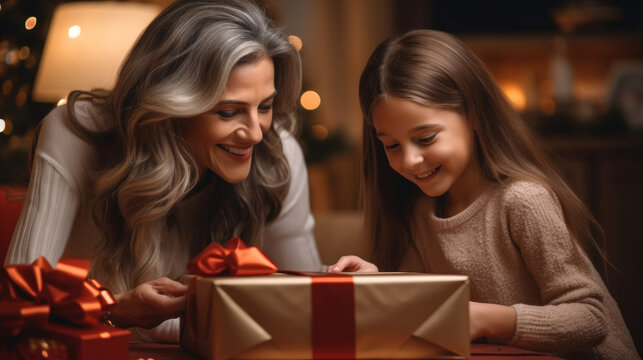 Mom Helping Daughter Make Christmas Gift Box.