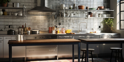 Moder interior design of a kitchen. Stainless steel and white tiles.
