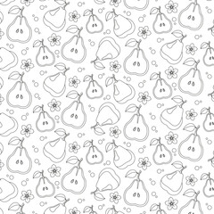 Seamless coloring pattern with whole pears cut in half, flowers, different circles on white background