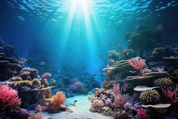 World ocean wildlife landscape, sunlight through water surface with coral reef on the ocean floor,...
