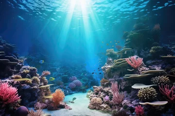 Foto op Aluminium World ocean wildlife landscape, sunlight through water surface with coral reef on the ocean floor, natural scene. Abstract underwater background © ratatosk