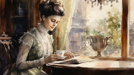 watercolor painting of a woman in Victorian-era clothing reading a vintage book in a stylish, modern-day coffee shop
