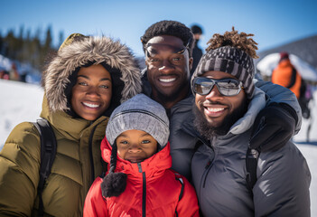 An afro family of four standing in the snow ski resort, a photo of a family on a ski trip,a ski resort,happy,a group of people posing 
