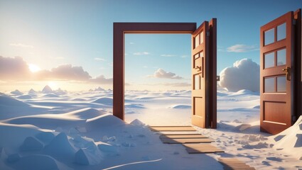 An expansive icy tundra, with snow stretching as far as the eye can see, and a door standing open amidst the frost, revealing a path to an unknown realm.