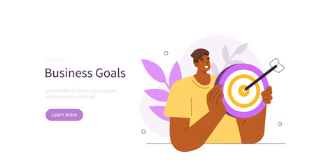 Business concept. Man holding dartboard as metaphor of goal, achievements, success, challenge. Problem solving, strategic management. Flat vector illustration isolated.