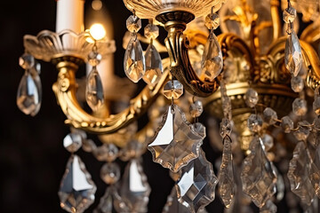 antique crystal gold chandelier, detail close up