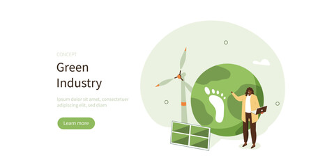 Green industry, economy, climate change concept. Carbon footprint reduction. Benefits of renewable energy, natural resources usage, wind, solar power. Flat vector illustration. - obrazy, fototapety, plakaty
