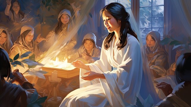 An artwork showing a young Asian woman priest blessing a nativity scene during a traditional Christmas Eve service, with reverence and devotion
