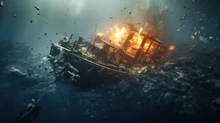 wreckage of a sunken ship after a collision with underwater drones - obrazy, fototapety, plakaty