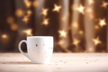 Fototapeta premium A cup of hot drink with steam against golden bokeh background