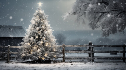 Christmas tree - next to split rail fence - farm - country living - holiday decorations - monochrome - black and white