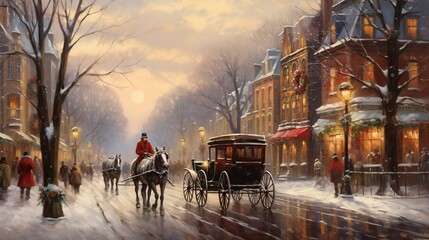 oil painting of a bustling winter street in a quaint, vintage town during retro Christmas celebration