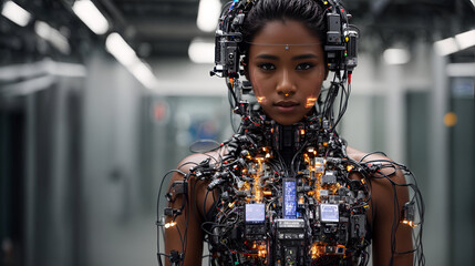 android woman with exposed circuitry and wires - obrazy, fototapety, plakaty
