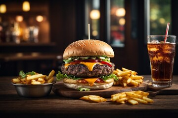 Grilled beef burger with cheese fries and refreshing cola drink 