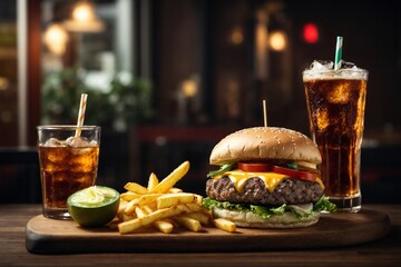 Grilled beef burger with cheese fries and refreshing cola drink 