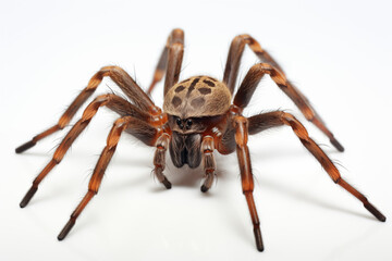 Fototapeta premium Hyper-Realistic Close-Up Photography: Intricate and Detailed Ebony and Crimson Spider on a Pure White Background – Photorealistic Beauty of Arachnid in Extreme Detail