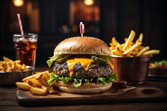 Grilled beef burger with cheese fries and refreshing cola drink 