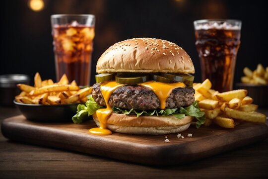 Grilled beef burger with cheese fries and refreshing cola drink 
