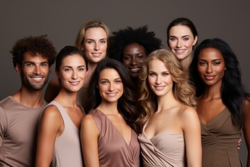 Group portrait of cheerful young diverse multiethnic women and men. Beautiful friends smiling at camera while posing together. Diversity, beauty, friendship concept. Isolated over grey background. - obrazy, fototapety, plakaty
