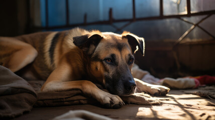 Animal zoomed shot of a sad classic color dog lies on a mat in a shelter. Life style