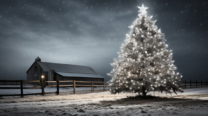 Christmas tree in pasture - farm - barn - country living - festive - holiday 