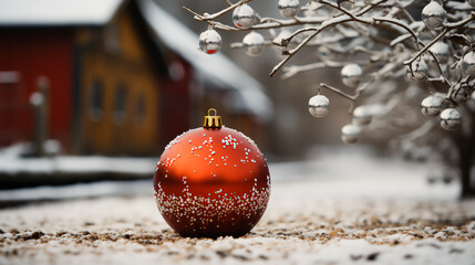 Red Christmas ornament on the ground in front of Christmas cabin - low angle shot - worm’s eye view - vacation - holiday - festive - spirit - trip - country living 