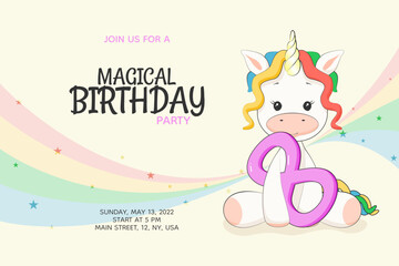 8 years Magical kids birthday party invitation with cute rainbow unicorn