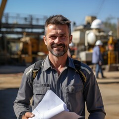 Portrait of a senior architect with blueprints at a construction site. Portrait of a smiling civil engineer in the background of a house under construction