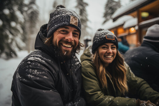 A man and a woman in winter coats sit in front of a wooden cabin and take pictures with content smiles 