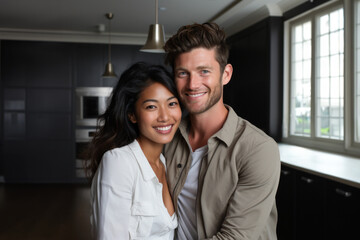 A loving interracial couple happily in their newly remodeled kitchen.