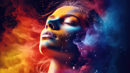 Advertising shot, face and flying multi-colored powder particles, energy, portrait on pure color background