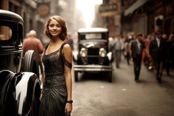 Portrait of a beautiful woman from the twenty's in the street in front of cars - obrazy, fototapety, plakaty