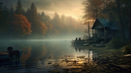 Fototapeta premium wooden old boat on the river near a house