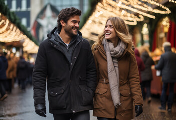 A happy young couple in winter clothes walks around outside Christmas market 