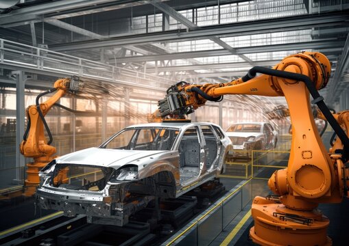 Automated Robot Arm Assembly Line Manufacturing High-Tech Green Energy Electric Vehicles ,Robotic assembly line in an automotive factory,Generative ai
