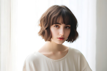 Young woman with short bob haircut on light background