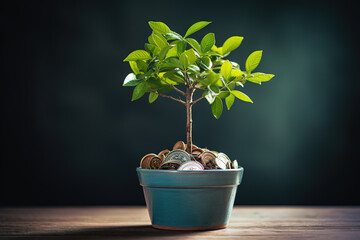 A Small Tree Growing in a Pot of Coins Prosperity Generative AI. 4K wallpaper.