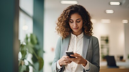 Female entrepreneur using smart phone in bright office. generative AI