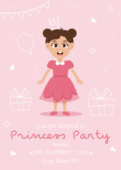 Princess birthday party invitation card with cute little girl in pink dress