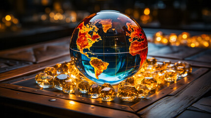 Glass globe sitting on top of table surrounded by crystal balls. - obrazy, fototapety, plakaty