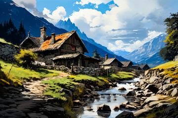 Fototapeta na wymiar Image of mountain village with stream running through it.