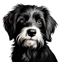 Black and white dog's face with brown eyes.
