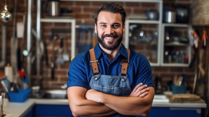 Obraz premium Handsome auto service mechanic in uniform is standing on the background of car with open hood, smiling and looking at camera. Car repair and maintenance.