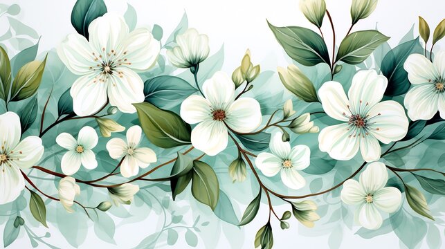 Image of white flowers and green leaves on blue background.