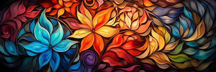 Image of colorful flower with swirls and leaves.