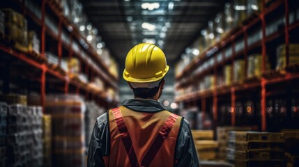 Worker in a warehouse, Man in high visibility vest, blurred shelves stacks background. Generative AI