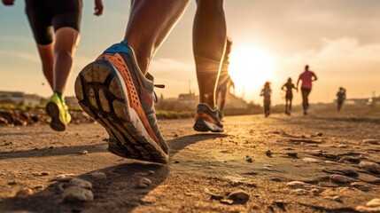 Close-up leg shoot in morning walk with sunrise background