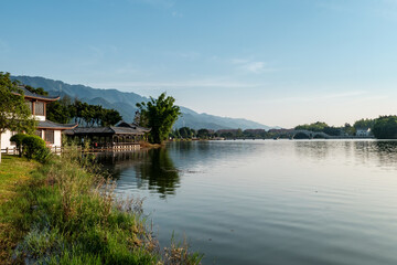 Fototapeta na wymiar The attic on the lake，Beautiful Longshui Lake Wetland Park, Chongqing, China