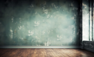 Distressed retro green background. vintage abstract background with blue-green grunge textured wall, wood floors, empty room for mock up design