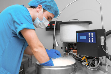 Embryologists a Liquid Nitrogen Bank Containing Sperm and Eggs Samples. ivf  in vitro...